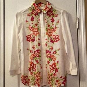 Chico's White Cotton Silky Sheer Blouse with Floral Embroidery